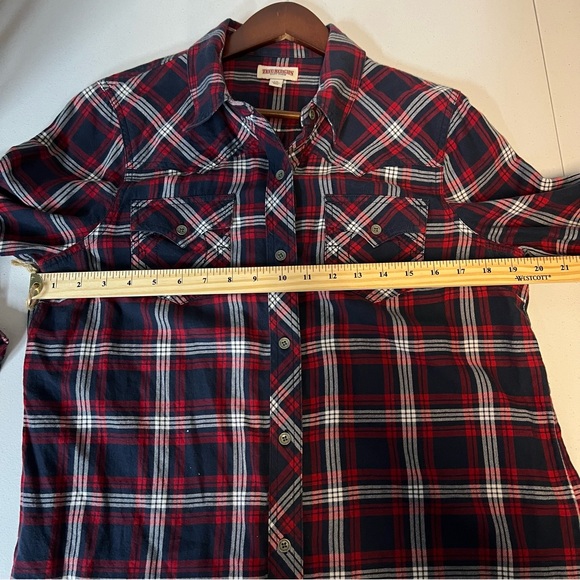 True Religion Collared Western Pocket Red Blue Plaid button up women Shirt large - Picture 5 of 16